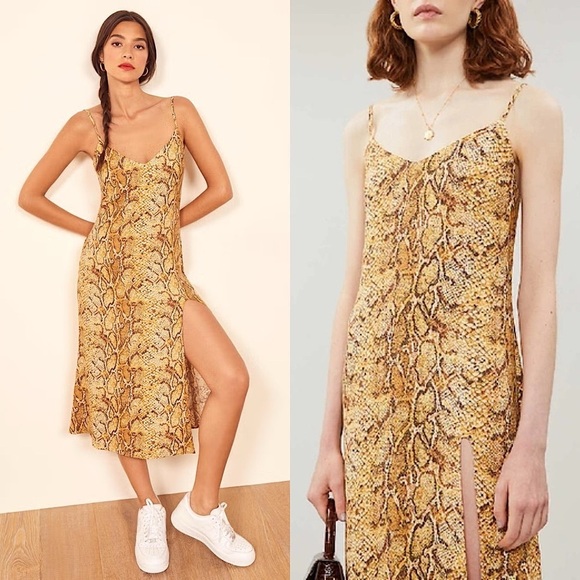 Reformation Dresses & Skirts - REFORMATION 90s Snakeskin Boa Print Sleeveless V-Neck Leg Slit Midi Slip Dress M